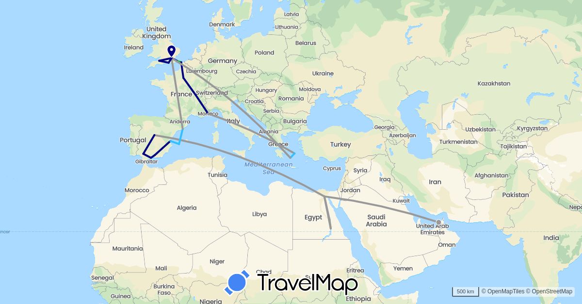 TravelMap itinerary: driving, bus, plane, boat in United Arab Emirates, Egypt, Spain, France, United Kingdom, Greece, Monaco (Africa, Asia, Europe)