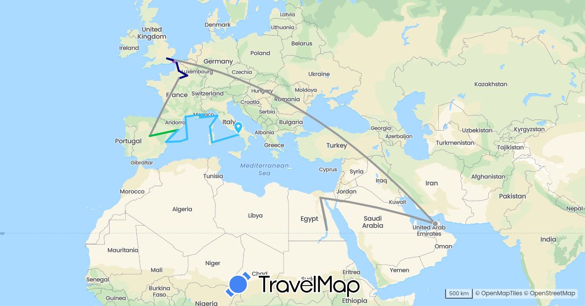 TravelMap itinerary: driving, bus, plane, train, boat in United Arab Emirates, Egypt, Spain, France, United Kingdom, Italy, Monaco (Africa, Asia, Europe)
