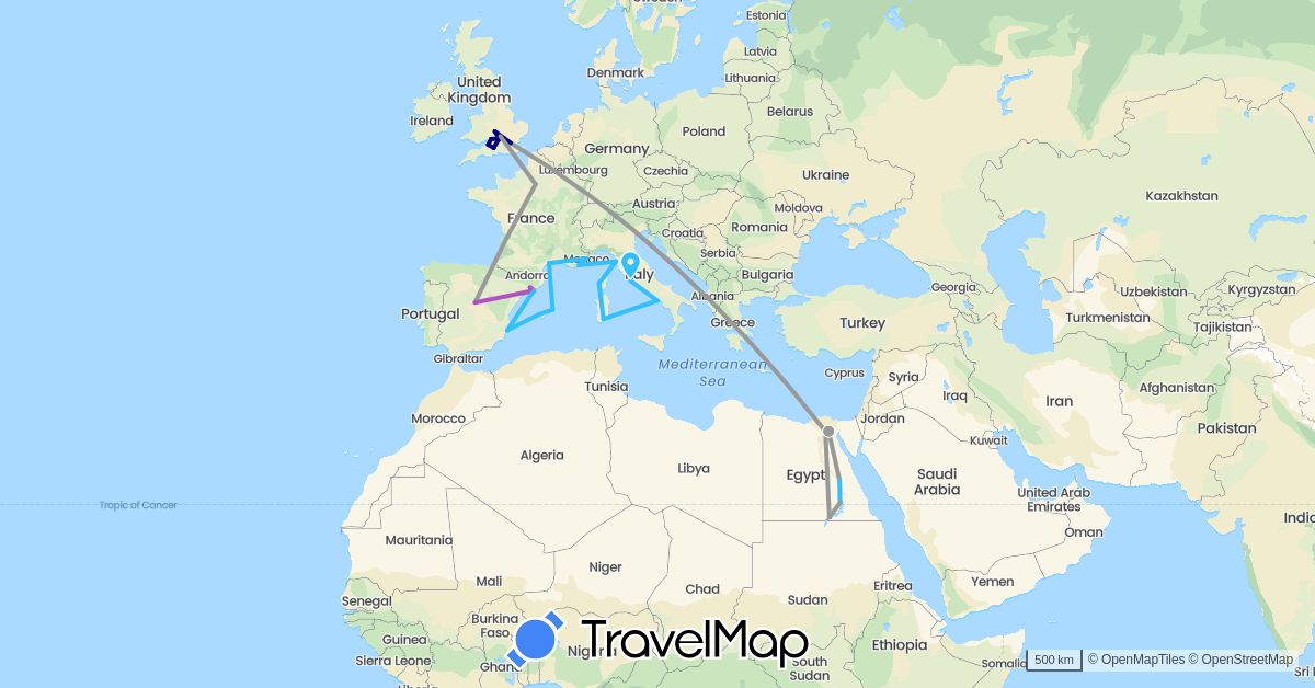 TravelMap itinerary: driving, plane, train, boat in Egypt, Spain, France, United Kingdom, Italy, Monaco (Africa, Europe)